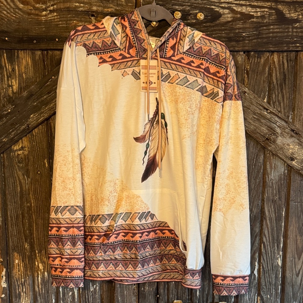 Boho Feather Print Hoodie - Cream and Brown